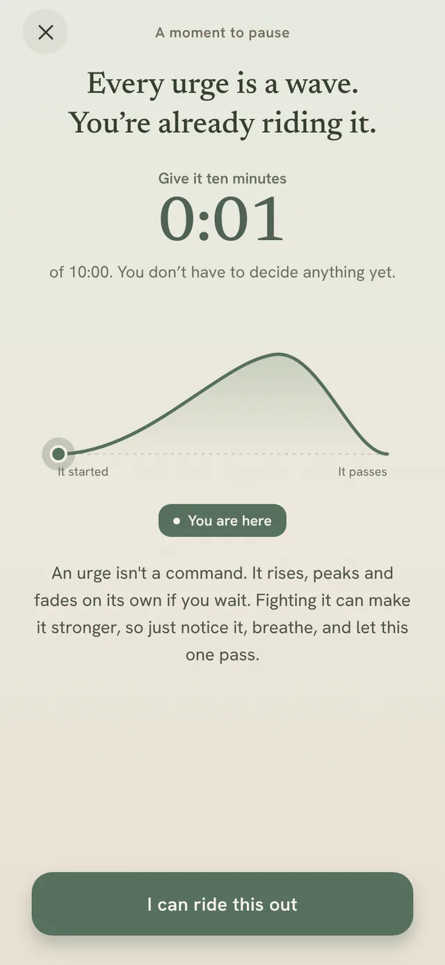 The urge screen: Every urge is a wave. You’re already riding it. A ten-minute timer above a wave that rises, peaks and passes.